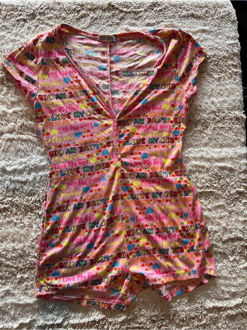 Pink 'Love My Bed' Short Sleeve One-Piece Romper Pajamas